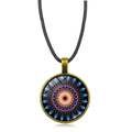 Mandala life of flower glass pendant necklace with bronze frame and black leather cord - Kaleidoscope Mandala Pattern (XSWX5390-6)