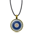 Flower of life mandala glass pendant necklace with antique bronze base and black cord - Blue-White Mandala Geometric Pattern (XSWX5390-7)