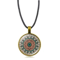 Mandala flower crystal glass pendant necklace with bronze frame and black leather cord - Cyan-Green Mandala Style (XSWX5390-9)