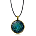 Mandala Flower of Life glass pendant necklace with teal geometry and bronze frame - Dot-Painted Blue-Green Mandala Style (XSWX5390-11)