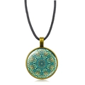 Vintage bronze mandala pendant necklace with teal green pattern on black cord - Green-Cyan Mandala Style (XSWX5390-12)