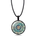 Mandala Flower of Life glass pendant necklace with teal geometric pattern and black cord - Cyan-Blue-Yellow Mandala Style (XSWX5390-1)