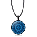 Blue Mandala Flower necklace with round glass pendant and black braided cord strap - Dark Blue Radial Mandala Style (XSWX5390-5)