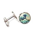 Silver cufflinks with Great Wave off Kanagawa art glass dome for men's French shirts - Great Wave off Kanagawa Pattern (XSWX4125-8)
