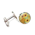 Silver cufflinks for men featuring Van Gogh Sunflowers art set in a round metal frame - Classic Sunflowers Pattern (XSWX4125-9)