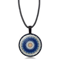 Mandala Flower of Life glass pendant necklace with blue geometric pattern and black cord - Blue and White Geometric Pattern Style (XSWX5390-7)