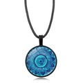 Blue Mandala Flower of Life necklace with black glass pendant and woven leather cord - Blue Tone Mandala Style (XSWX5390-8)
