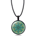 Mandala Flower of Life glass dome necklace with teal geometric art and black cord - Turquoise and Blue Geometric Pattern Style (XSWX5390-12)