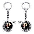 Silver metal letter P moon keychain with double-sided rotating floral design - Initial P Floral Style (XSWX5492-P)