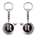 Silver crescent moon rotating keychain with double-sided letter R and floral pattern - Initial R Floral Style (XSWX5492-R)