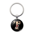 Silver keychain with round glass floral pendant featuring a gold letter T design - Letter T (XSWX5495-T)