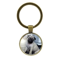 Detail of a vintage bronze puppy keychain with a round pug photo glass dome pendant - Pug Puppy Photo (XSWX5758-7 Antique Bronze)
