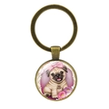 Detail of cute pug cartoon charm keychain with glass dome and bronze metal ring - Pug with Pink Bow (XSWX5758-6 Antique Bronze)