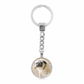 Pug dog glass cabochon pendant keychain with silver metal ring on white background - Lazy Pug Holding Stick (XSWX5756-8)