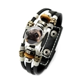 Close-up of a pug photo glass charm on a punk-style multilayer leather bead bracelet - Cute Pug Closeup Photo (XSWX5764-9)