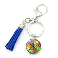 Close-up of colorful peace sign keychain with blue suede tassel and silver lobster clasp - Blue Illustration Peace Sign (XSWX5769-9)