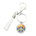 Detail of silver lobster clasp with white tassel and rainbow peace sign glass pendant - White Tassel Peace Sign (XSWX5769-8)
