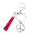 Close-up of peace sign keychain with colorful butterflies and bright pink tassel detail - Rose Pink Butterfly Peace Sign (XSWX5769-7)