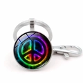 Close-up of rainbow peace sign glass cabochon pendant with silver lobster clasp keychain - Blue Rainbow Nebula Peace Sign Style (XSWX5770-11 Silver)