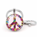 Close-up of rainbow peace sign flower keychain with silver alloy clasp and glass dome - Silver Alloy Daisy Peace Sign Style (XSWX5770-6 Silver)