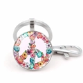 Close-up of rainbow floral peace sign glass pendant with silver keychain clip - Orange & Blue Floral Peace Sign Style (XSWX5770-5 Silver)