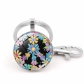 Detailed view of hippie flower keychain with watercolor glass cabochon and lobster clasp - Pastoral Watercolor Floral Style (XSWX5770-4银色)