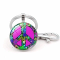 Detail of hippie rainbow peace sign glass pendant with colorful floral patterns and silver clasp - Pink Peace Floral Pattern Style (XSWX5770-银色)