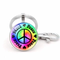 Rainbow peace sign flower keychain with silver metal lobster clasp and glass dome pendant - Rainbow Gradient Peace Text Style (XSWX5770-2银色)