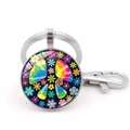 Rainbow Peace Sign Flower Keychain with Hippie Style Tie-Dye Glass Dome Pendant - Black Base Colorful Peace Sign Daisy Style (XSWX5770-1银色)