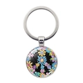 Detailed macro view of peace sign keychain with colorful floral patterns and glass dome - Black Background Small Flowers (Silver)