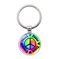 Detail of metal keychain with rainbow peace sign pendant and heart accents - Rainbow Tie Dye Peace Word Sign (Silver)