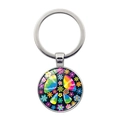 Polished silver metal peace sign keychain with colorful floral patterns on white background - Black Floral Peace Sign (Silver)