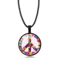 Detailed close-up of a glass peace sign pendant with colorful floral patterns on black cord - Black Style 6 (XSWX5776-Black-6)