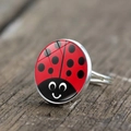 Cartoon ladybug polka dot time gem silver adjustable open ring on wooden surface - Adjustable Open / Ladybug Smiley Face Style (XSWX4020-6)