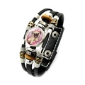 Multilayer black leather bracelet with pug glass dome charm and silver beads - Pug with Pink Bow (XSWX5764-6)