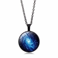 Deep blue spiral galaxy pendant necklace with black metal chain and glass dome - Black Spiral Galaxy Style (ABXL352-3)
