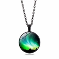 Time gem necklace featuring green aurora and mountain silhouette in black alloy - Black Aurora Forest Silhouette Style (ABXL352-6)