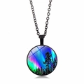 Round glass pendant necklace featuring green aurora borealis pattern on black chain - Black Aurora Coniferous Forest Style (ABXL352-7)