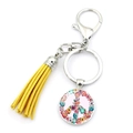 Yellow tassel keychain with silver lobster clasp and floral peace sign glass pendant - Yellow Floral Peace Sign (XSWX5769-5)