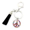 Peace sign keychain with black tassel and rainbow floral pattern in silver finish - Black Tassel Peace Sign (XSWX5769-6)