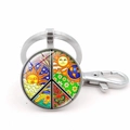 Hippie style rainbow peace sign flower keychain with colorful glass cabochon pendant - Hippie Style Sun Cloud Peace Sign (XSWX5770-9 Silver)