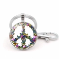Silver peace sign keychain featuring a colorful butterfly pattern in a round pendant - Blue and Orange Butterfly & Peace Symbol Style (Silver)
