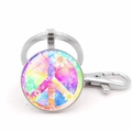 Silver rainbow peace sign flower keychain with hippie style glass dome pendant - Colorful Tie-Dye Peace Sign Style (XSWX5770-12 Silver)