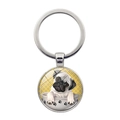 Silver metal keychain with a round pug dog pendant featuring a yellow checkered pattern - Pug in Bowl Illustration (XSWX5758-5 Silver)