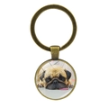 Bronze keychain with cute pug puppy photo under glass dome on white background - Cute Staring Pug (XSWX5758-1 Antique Bronze)