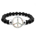 Elastic beaded bracelet with black round beads and a colorful butterfly peace sign charm - Colorful Butterfly Peace Sign (JY006970-4)