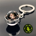 Luminous Virgin Mary glass ball keychain in metal with religious art and green glow feature - Madonna and Child 8 (XSWX5840-8)