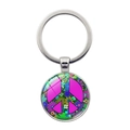 Silver alloy peace sign keychain with purple floral pattern under glass cabochon - Purple Flower Peace Symbol (Silver)