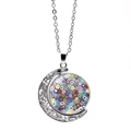 Detail of crescent moon pendant with colorful Venetian glass mosaic and silver chain - Red Blue Ditsy Floral Style (XSWX5846-10)
