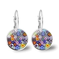 Close-up of silver leverback earrings with colorful Millefiori glass mosaic patterns - Dense Multi-color Floral Pattern (XSWX2725-2)
